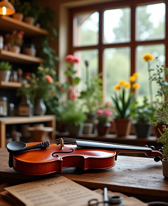 Interno del negozio Coro di Giardino con un violino appoggiato su un banco da lavoro e vasi di fiori sullo sfondo.