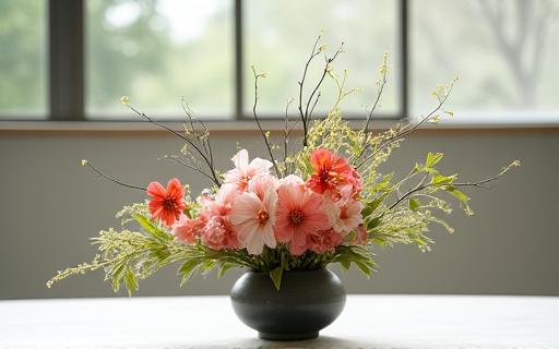 Disposizione di fiori in stile Ikebana, minimalista e zen.