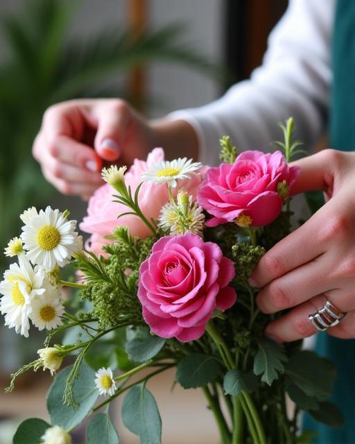 Mani di una fioraia che dispongono un bouquet di fiori freschi.
