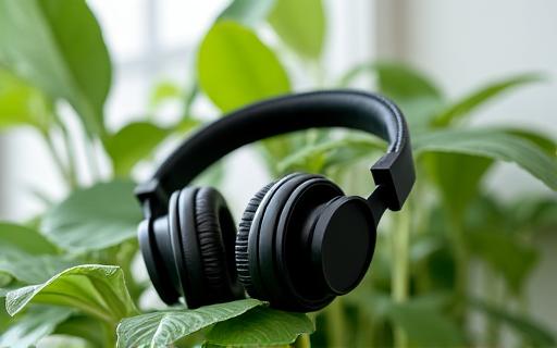 Una pianta da interno con un piccolo auricolare appoggiato sulle foglie.