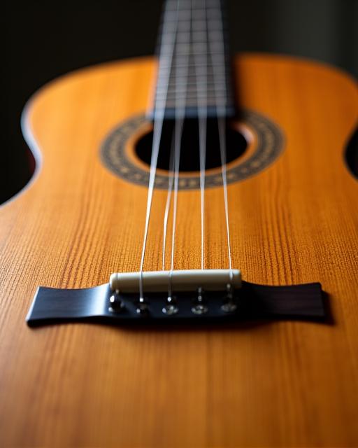 Primo piano di una chitarra classica con dettagli in legno naturale.